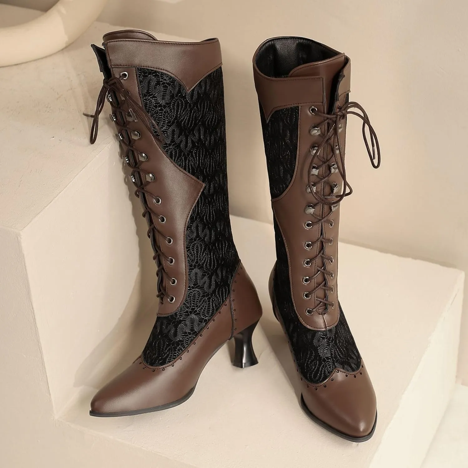 Seborluys Women Victorian Vintage Knee High Boots Kitten Heel Pointed Toe Lace Up Knee Length Boots Pull On Long Boot