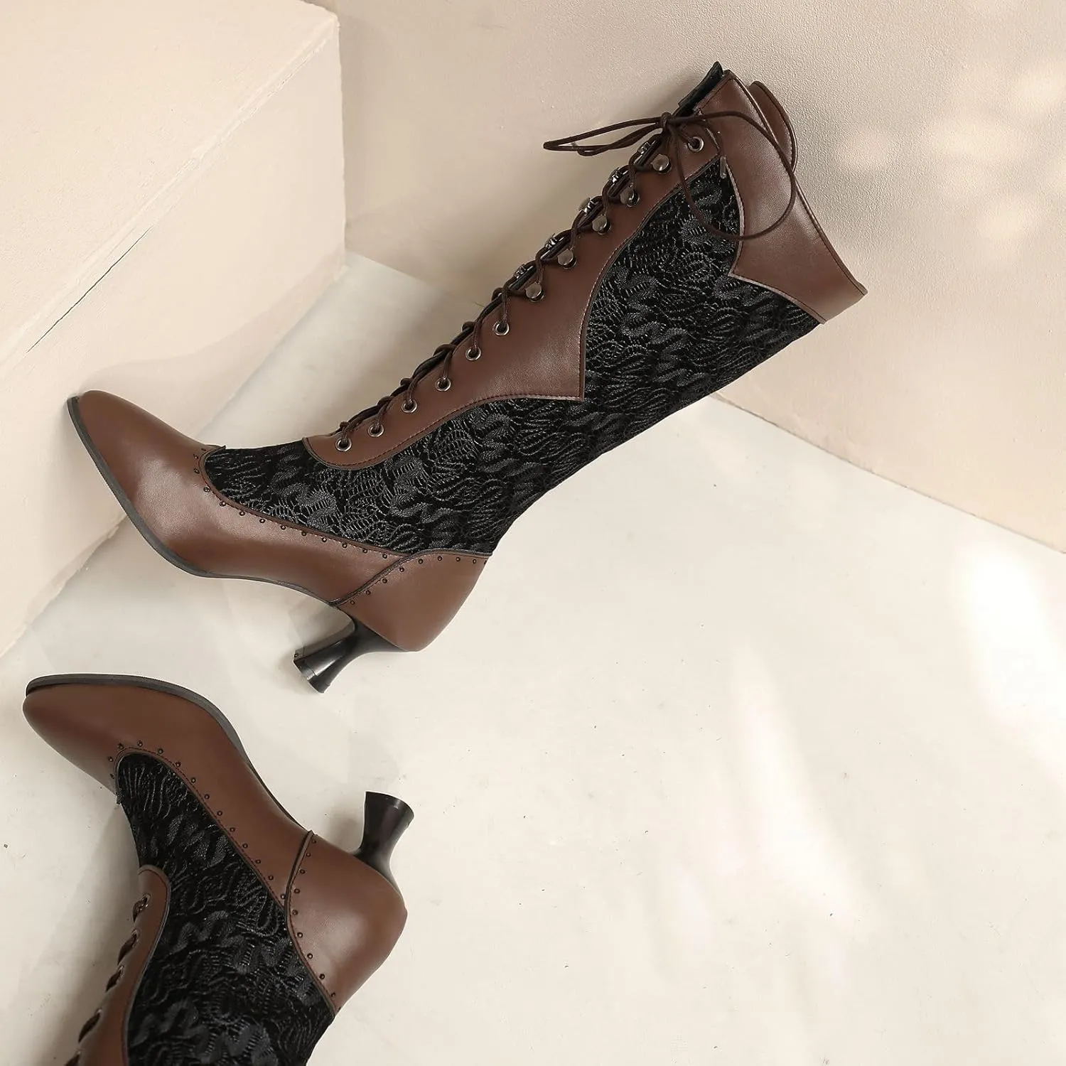Seborluys Women Victorian Vintage Knee High Boots Kitten Heel Pointed Toe Lace Up Knee Length Boots Pull On Long Boot