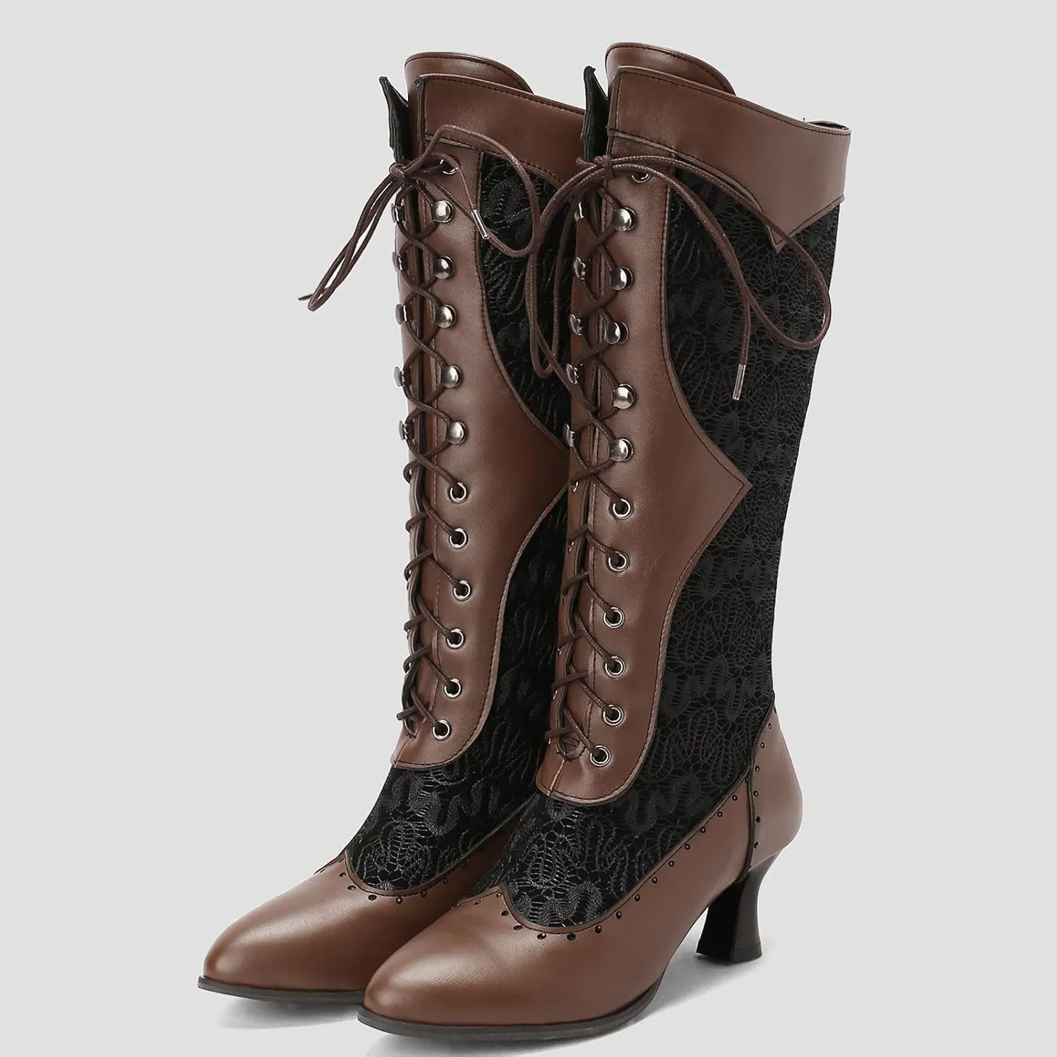 Seborluys Women Victorian Vintage Knee High Boots Kitten Heel Pointed Toe Lace Up Knee Length Boots Pull On Long Boot