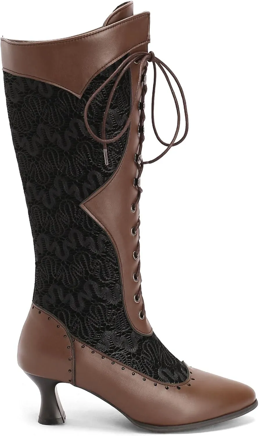 Seborluys Women Victorian Vintage Knee High Boots Kitten Heel Pointed Toe Lace Up Knee Length Boots Pull On Long Boot