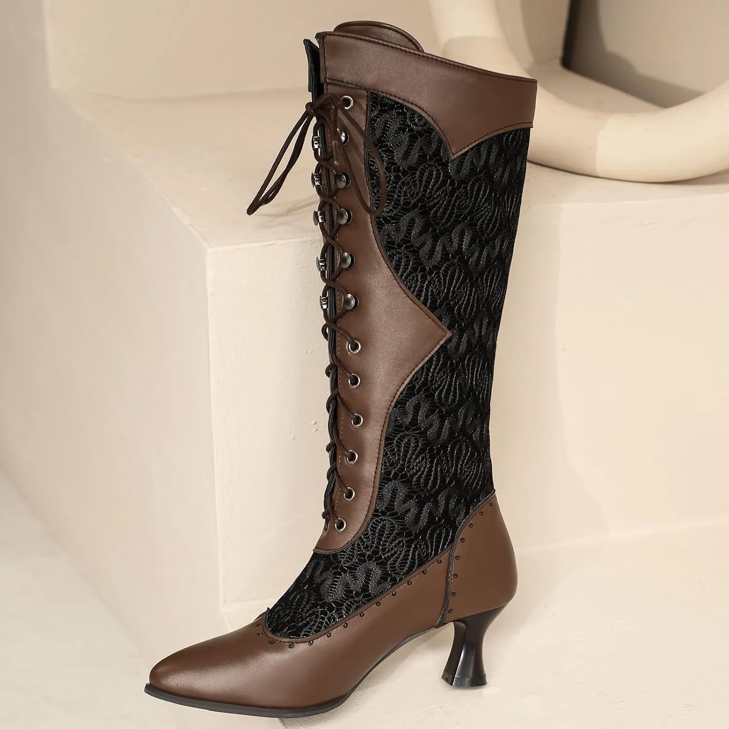 Seborluys Women Victorian Vintage Knee High Boots Kitten Heel Pointed Toe Lace Up Knee Length Boots Pull On Long Boot