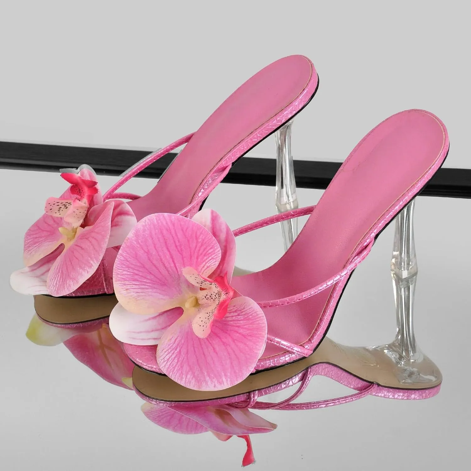 sexytag Clear Kitten Heels Floral Print Thong Sandals Slip On Flower Stiletto Heels Open Toe Mules