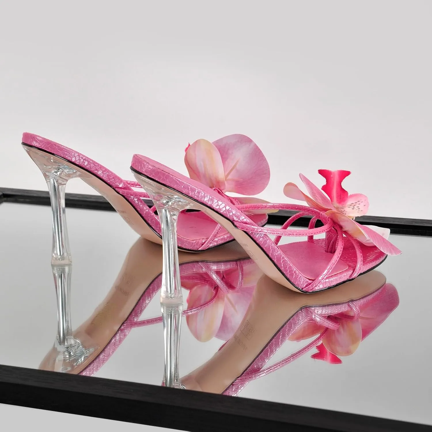 sexytag Clear Kitten Heels Floral Print Thong Sandals Slip On Flower Stiletto Heels Open Toe Mules