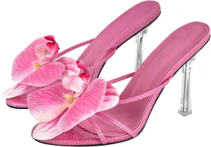 sexytag Clear Kitten Heels Floral Print Thong Sandals Slip On Flower Stiletto Heels Open Toe Mules