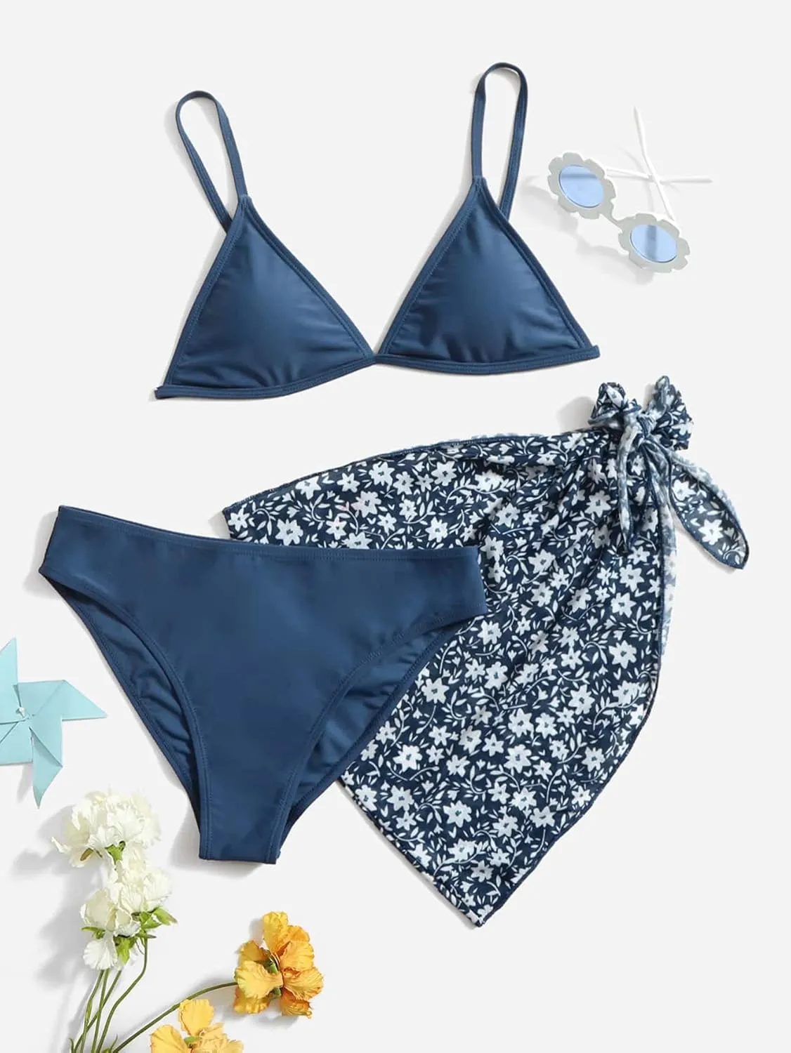 SHENHE Girl's 3 Piece Swimsuit Cute Spaghetti Strap Triangle Bikini with Ditsy Floral Print Cover Up Kid Bathing Suit