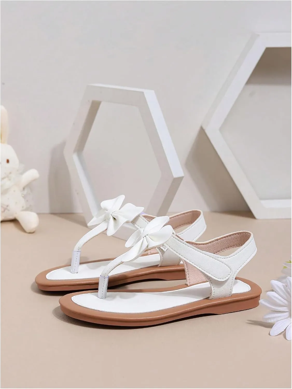 SHENHE Girl's Bow Thong Sandals Open Round Toe Ankle Strap Cute Summer Flat Shoes