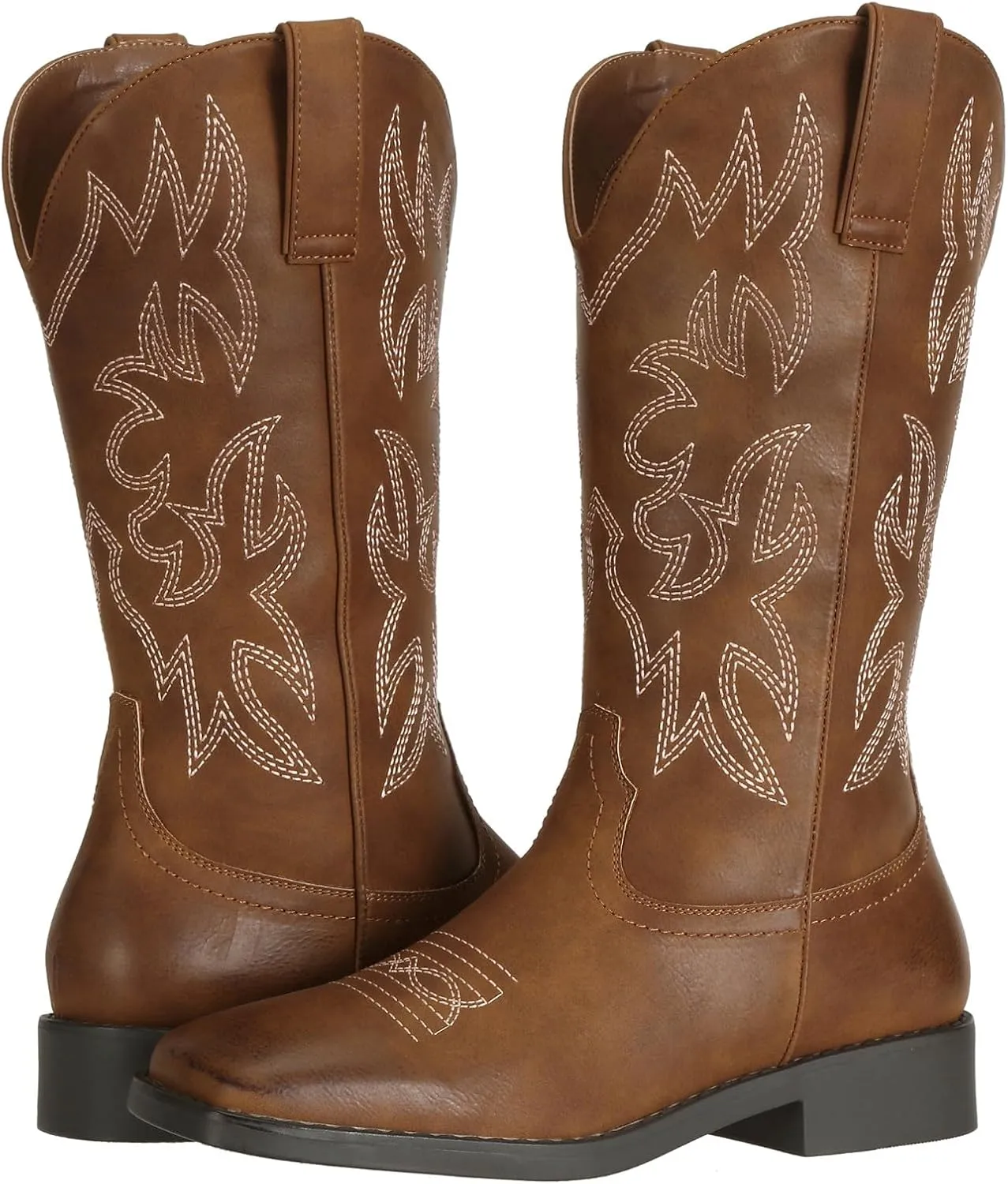 SheSole Western Cowboy Boots for Women Square Toe Mid Wide Calf Cowgirl Shoes Fashion Tan Brown Boot