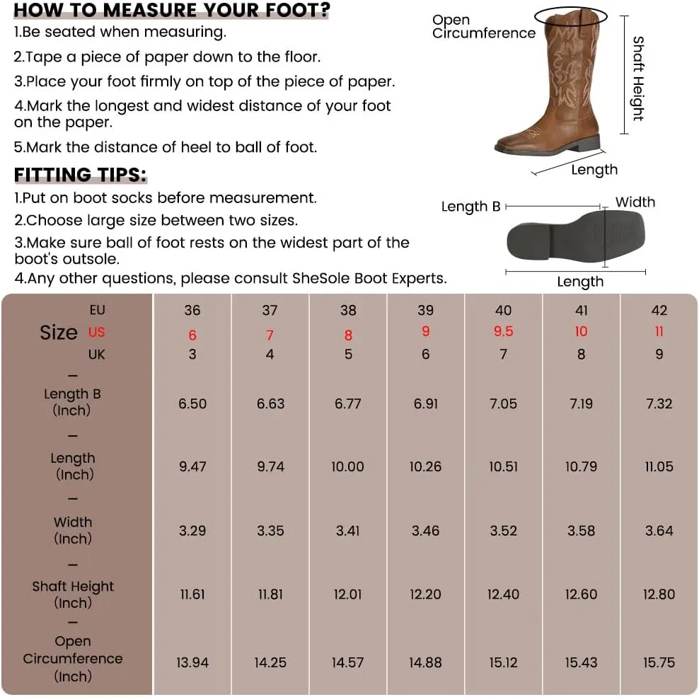 SheSole Western Cowboy Boots for Women Square Toe Mid Wide Calf Cowgirl Shoes Fashion Tan Brown Boot