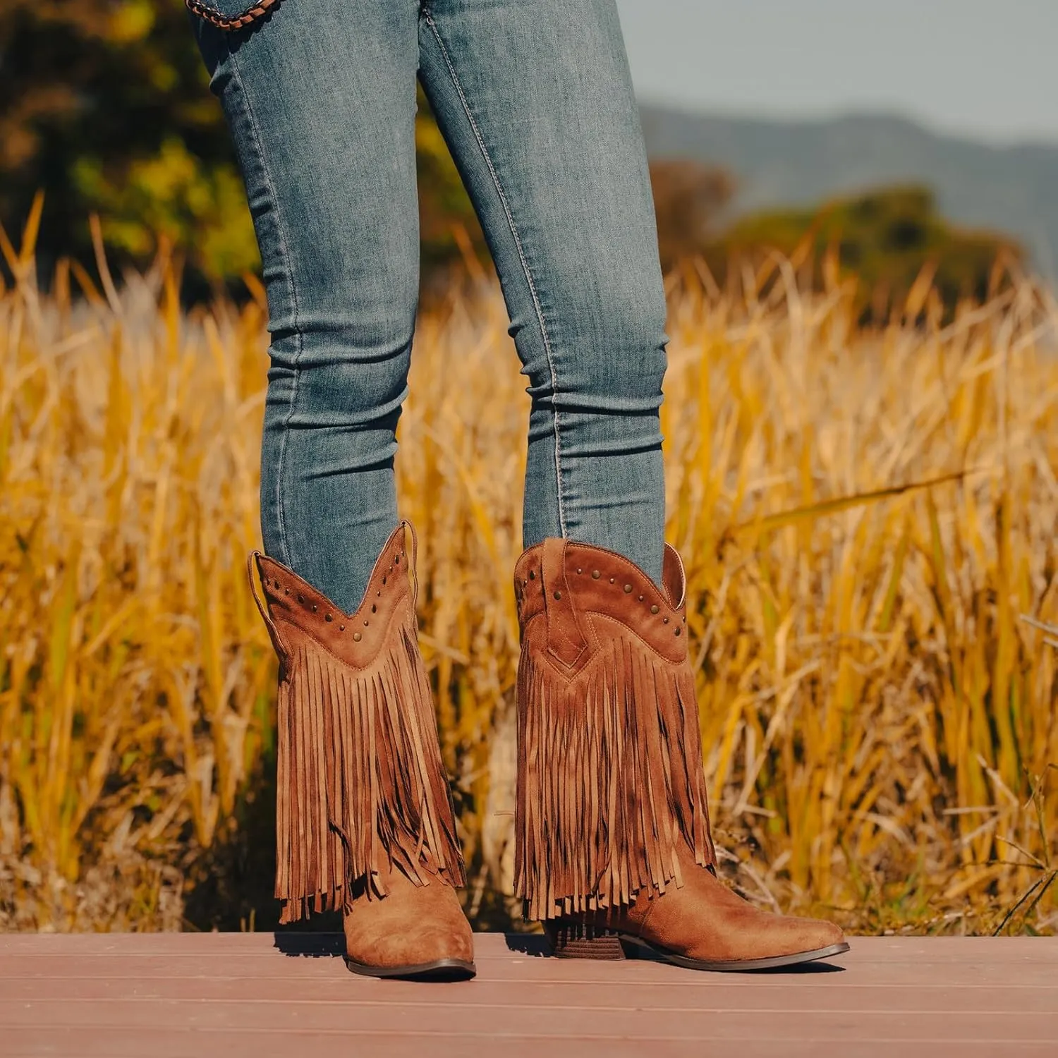 SheSole Women's Wide Width Fringe Boots Western Cowgirl Cowboy Boots Extra Wide Calf Black Brown