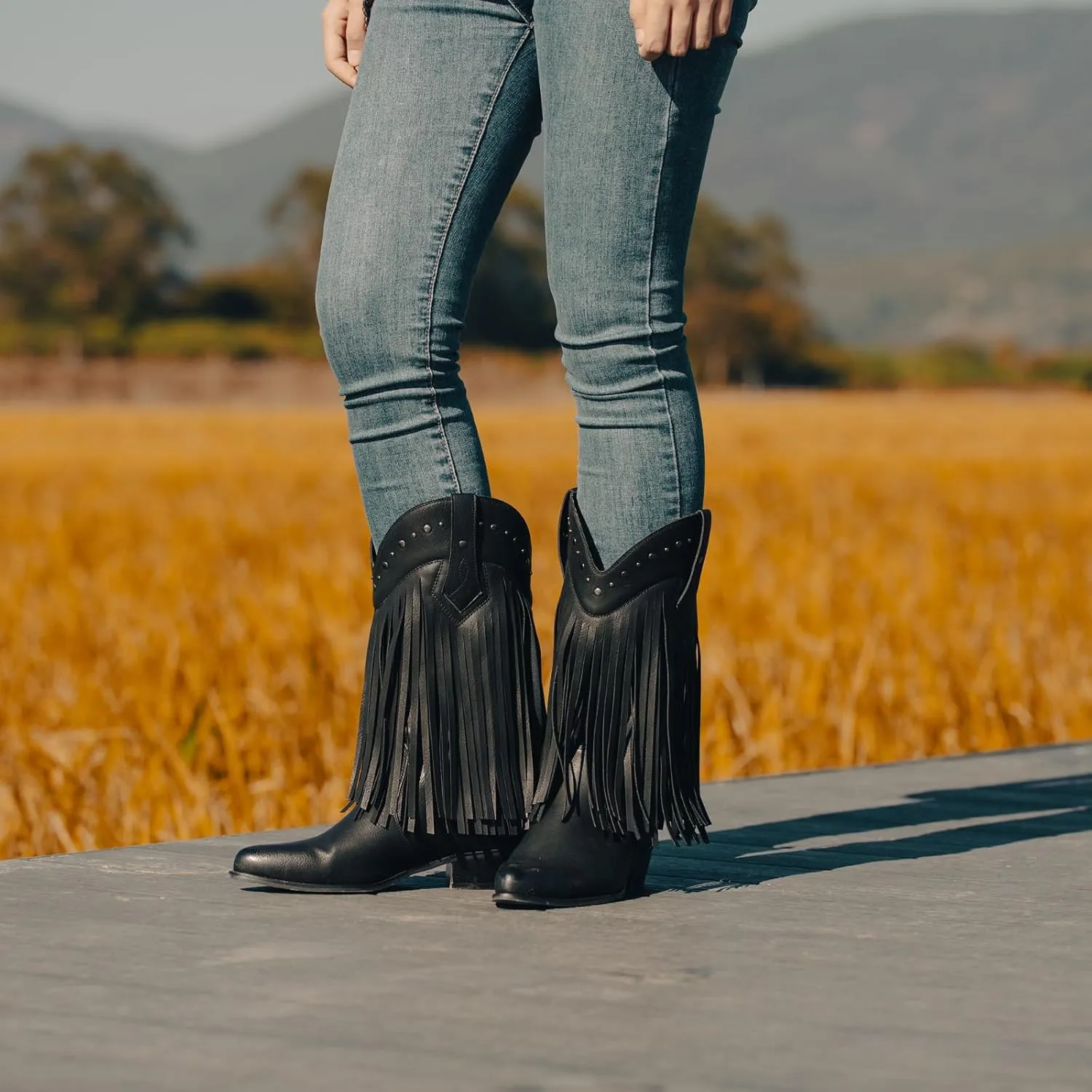 SheSole Women's Wide Width Fringe Boots Western Cowgirl Cowboy Boots Extra Wide Calf Black Brown