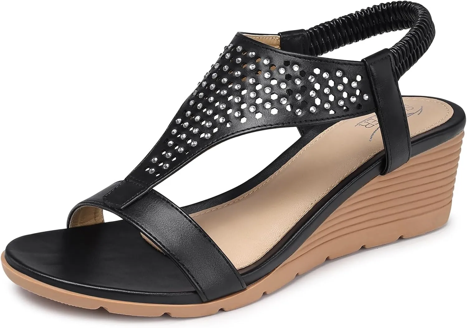 SHIBEVER Womens Sandals Wedge Low: Elastic Ankle Strap Wedge Sandals - Dressy Sandals Women - Comfortable Open Toe