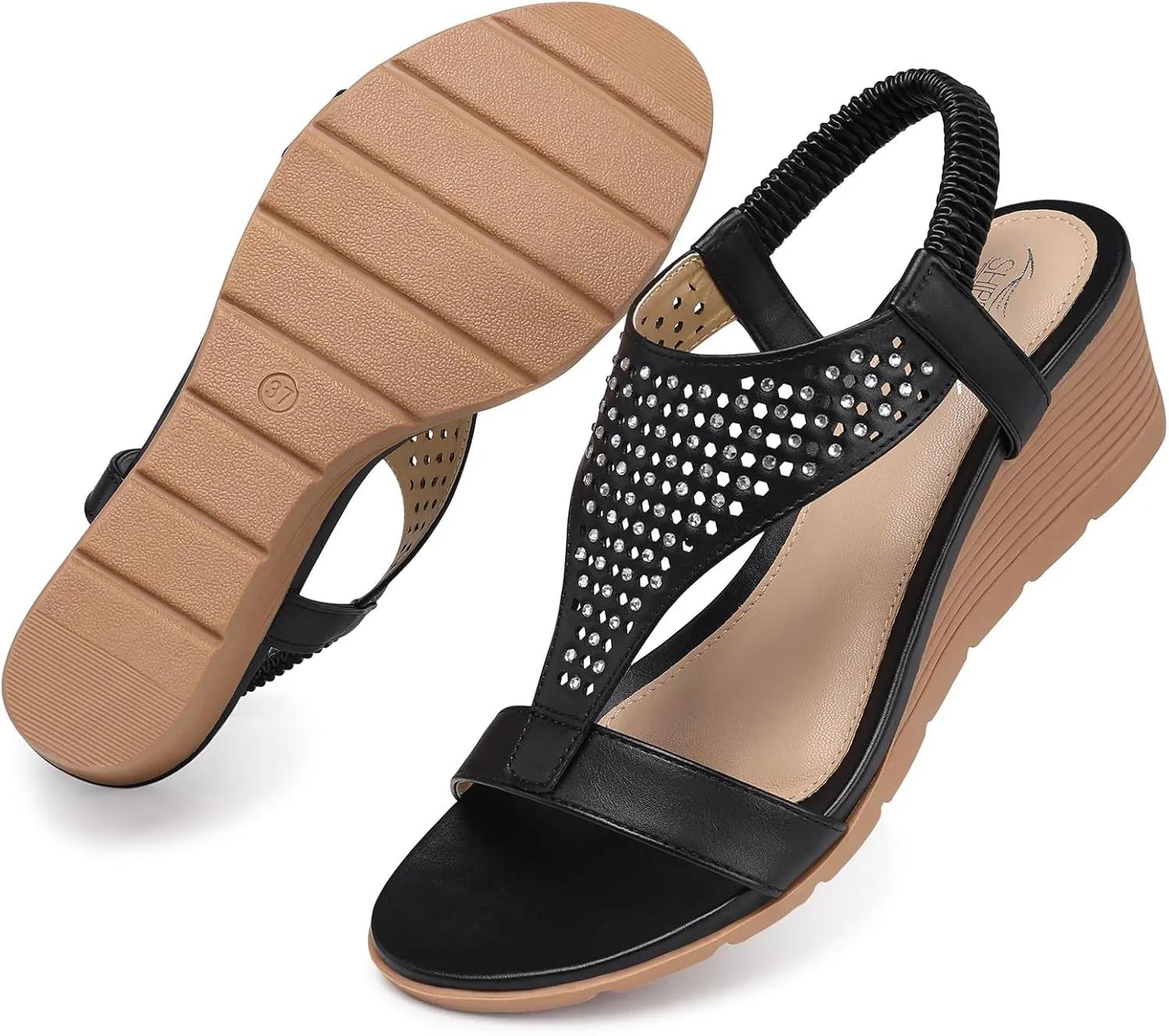 SHIBEVER Womens Sandals Wedge Low: Elastic Ankle Strap Wedge Sandals - Dressy Sandals Women - Comfortable Open Toe