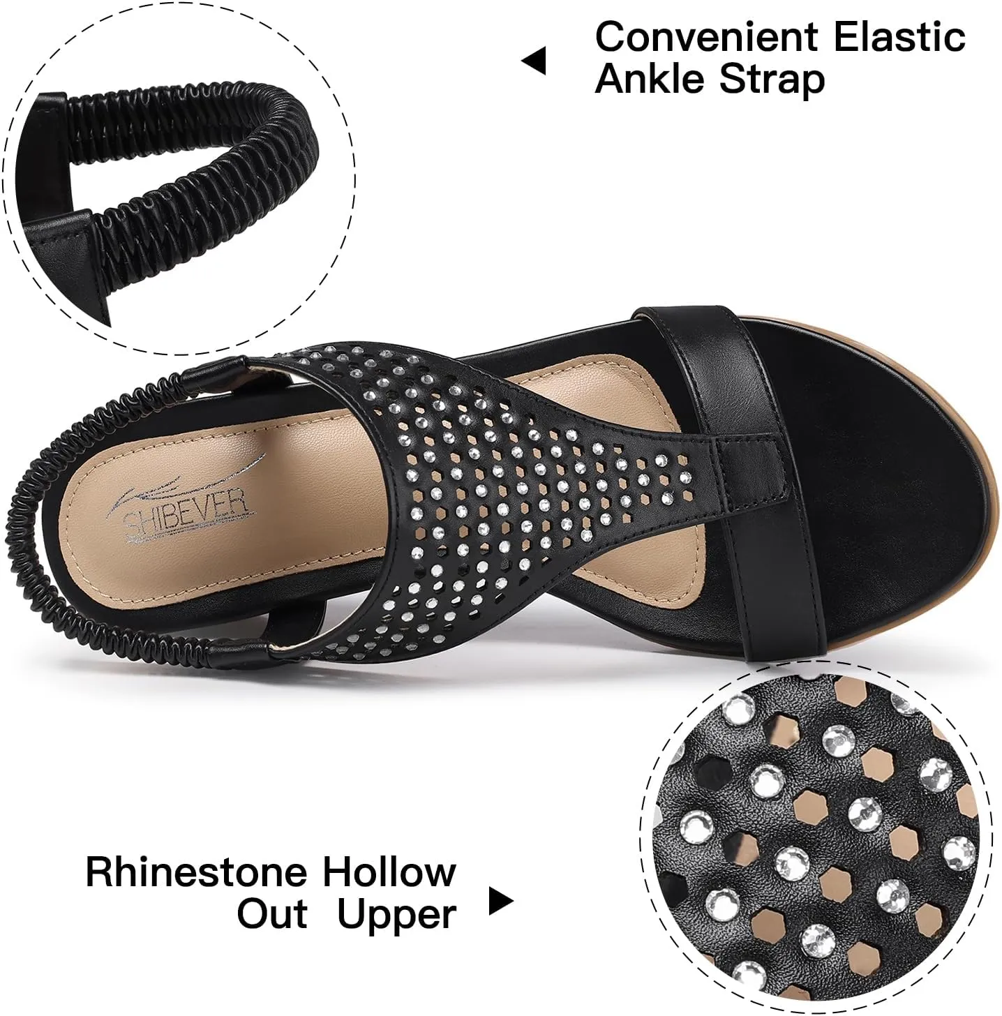 SHIBEVER Womens Sandals Wedge Low: Elastic Ankle Strap Wedge Sandals - Dressy Sandals Women - Comfortable Open Toe