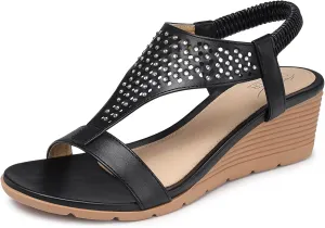 SHIBEVER Womens Sandals Wedge Low: Elastic Ankle Strap Wedge Sandals - Dressy Sandals Women - Comfortable Open Toe