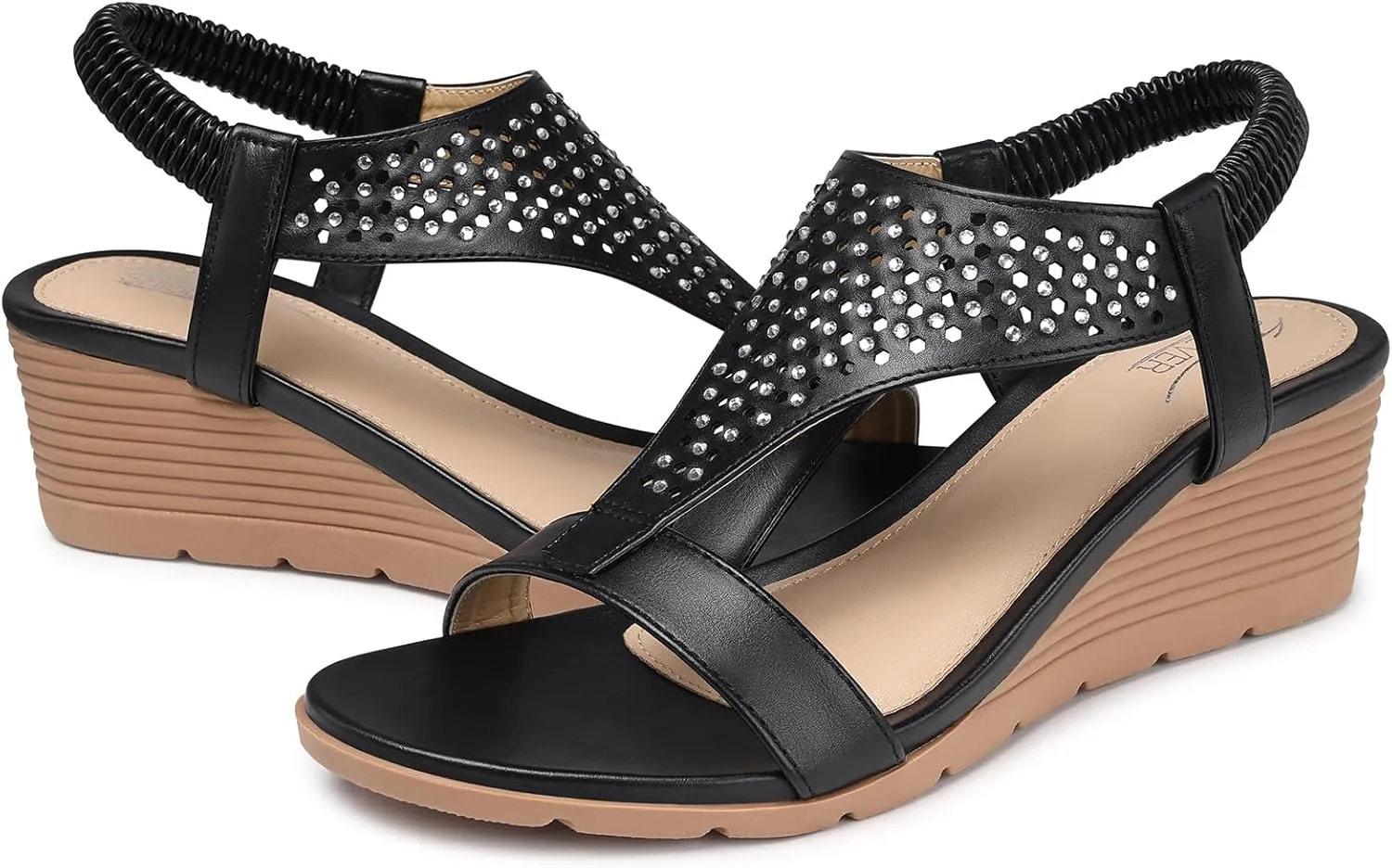 SHIBEVER Womens Sandals Wedge Low: Elastic Ankle Strap Wedge Sandals - Dressy Sandals Women - Comfortable Open Toe