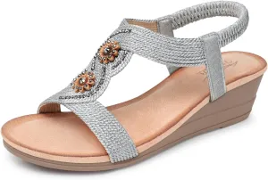 SHIBEVER Womens Sandals Wedge Low: Open Toe Elastic Ankle Strap Wedge Sandal - Dressy Sandals Women - Comfortable Summer