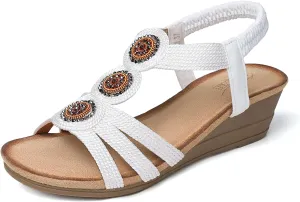 SHIBEVER Womens Sandals Wedge Low: Open Toe Elastic Ankle Strap Wedge Sandal - Dressy Sandals Women - Comfortable Summer