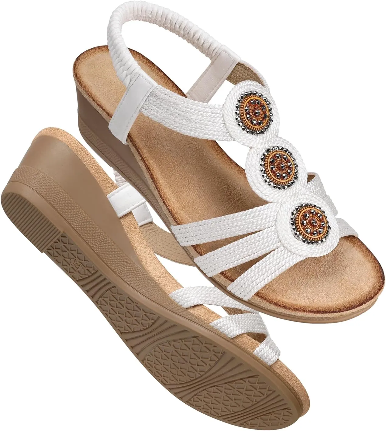 SHIBEVER Womens Sandals Wedge Low: Open Toe Elastic Ankle Strap Wedge Sandal - Dressy Sandals Women - Comfortable Summer