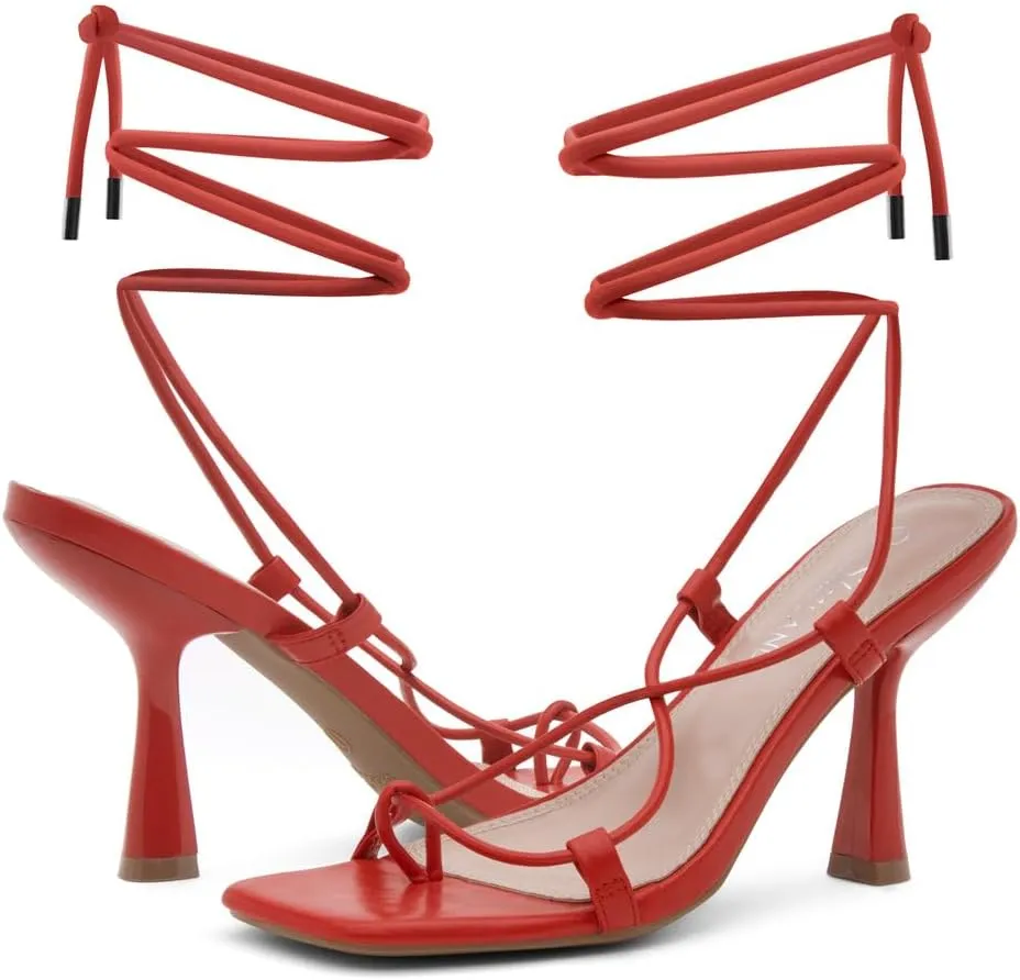 Shoe Land SL-Nadine Women's Lace-Up Heels, Square Open Toe Ankle-Wrapped Tie-Up Heeled Sandals, Dressy Stiletto Strappy Sandals for Prom, Party, and Wedding