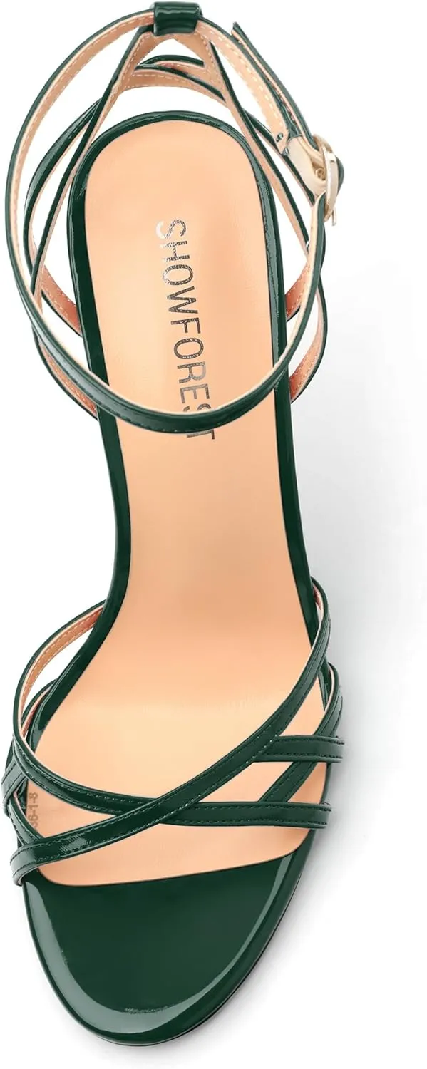 SHOWFOREST Strappy Heels for Women Stiletto High Heels Open Round Toe Patent 4 Inch Sandals with Ankle Strap Sexy for Dating Party Evening Dress Shoes