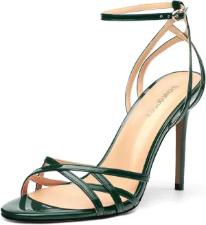 SHOWFOREST Strappy Heels for Women Stiletto High Heels Open Round Toe Patent 4 Inch Sandals with Ankle Strap Sexy for Dating Party Evening Dress Shoes