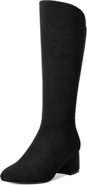 SHOWFOREST Womens Zip Solid Outdoor Cute Round Toe Suede Chunky Low Heel Knee High Boots 2 Inch