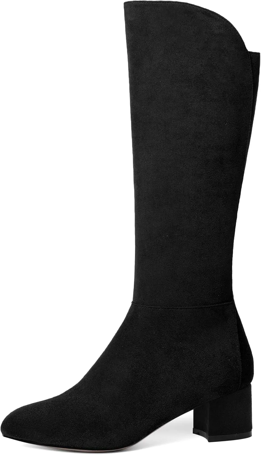 SHOWFOREST Womens Zip Solid Outdoor Cute Round Toe Suede Chunky Low Heel Knee High Boots 2 Inch
