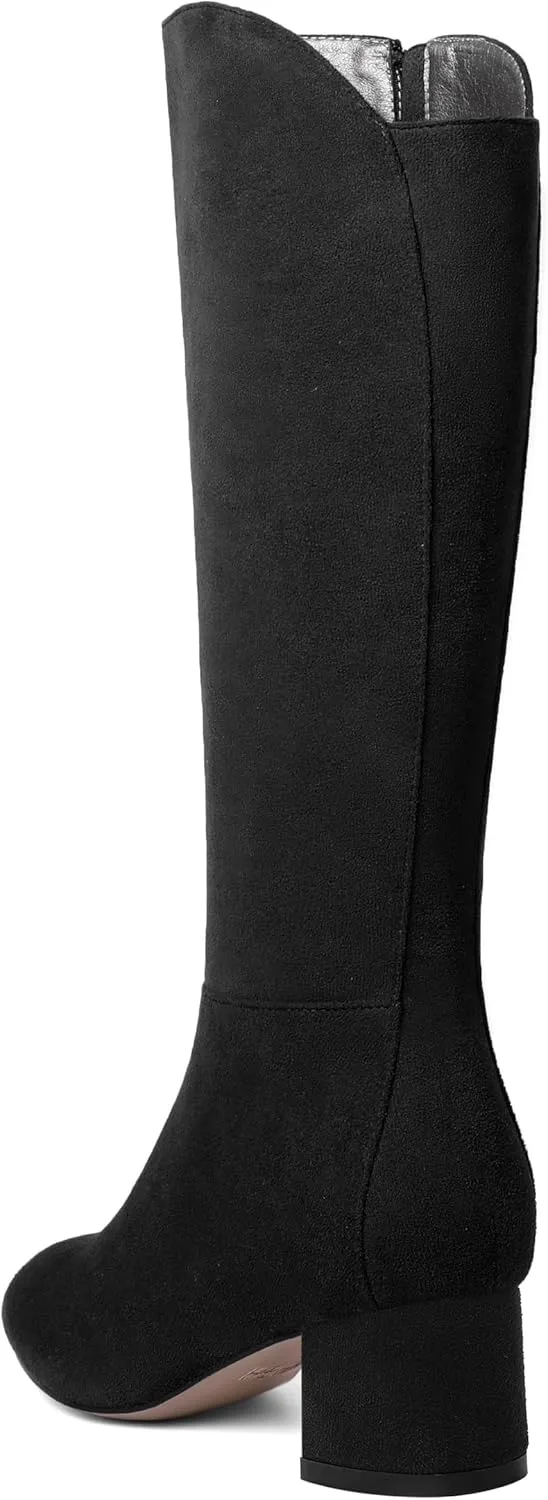 SHOWFOREST Womens Zip Solid Outdoor Cute Round Toe Suede Chunky Low Heel Knee High Boots 2 Inch