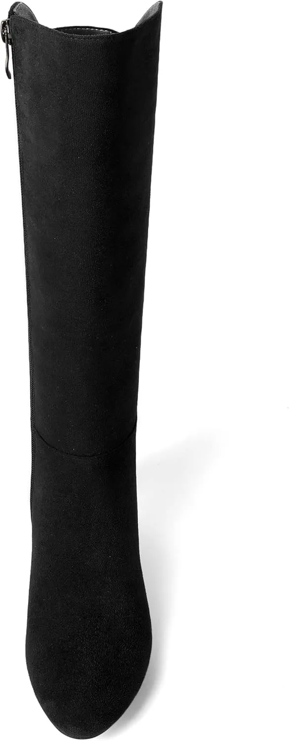 SHOWFOREST Womens Zip Solid Outdoor Cute Round Toe Suede Chunky Low Heel Knee High Boots 2 Inch
