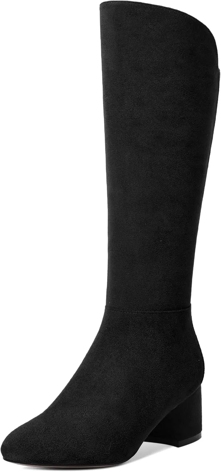 SHOWFOREST Womens Zip Solid Outdoor Cute Round Toe Suede Chunky Low Heel Knee High Boots 2 Inch