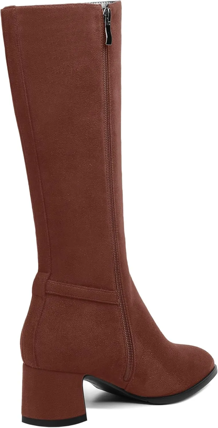 SHOWFOREST Womens Zip Suede Solid Outdoor Round Toe Sexy Chunky Low Heel Mid Calf Boots 2 Inch