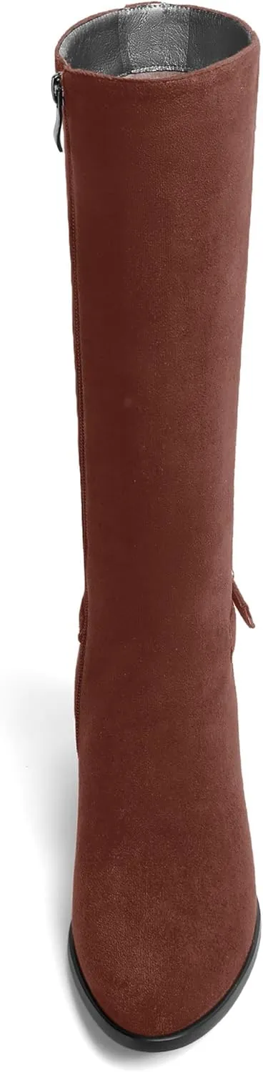 SHOWFOREST Womens Zip Suede Solid Outdoor Round Toe Sexy Chunky Low Heel Mid Calf Boots 2 Inch