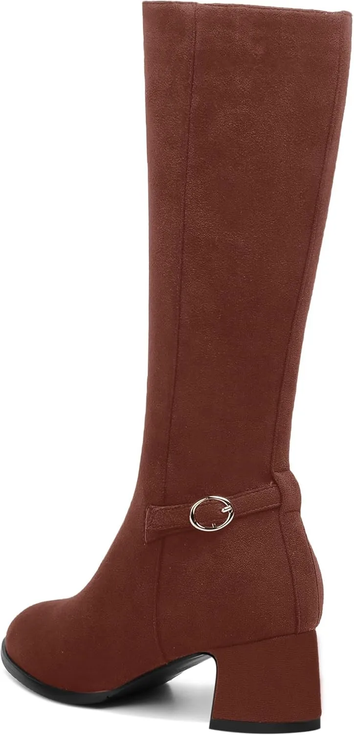 SHOWFOREST Womens Zip Suede Solid Outdoor Round Toe Sexy Chunky Low Heel Mid Calf Boots 2 Inch
