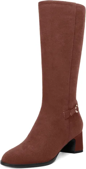 SHOWFOREST Womens Zip Suede Solid Outdoor Round Toe Sexy Chunky Low Heel Mid Calf Boots 2 Inch