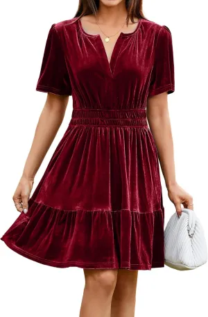 Simplee Women's 2024 Velvet Short Sleeve Cocktail Dress Winter Holiday V Neck Empire Waist Mini Party Dress with Pockets