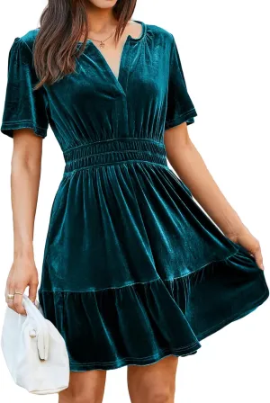 Simplee Women's 2024 Velvet Short Sleeve Cocktail Dress Winter Holiday V Neck Empire Waist Mini Party Dress with Pockets