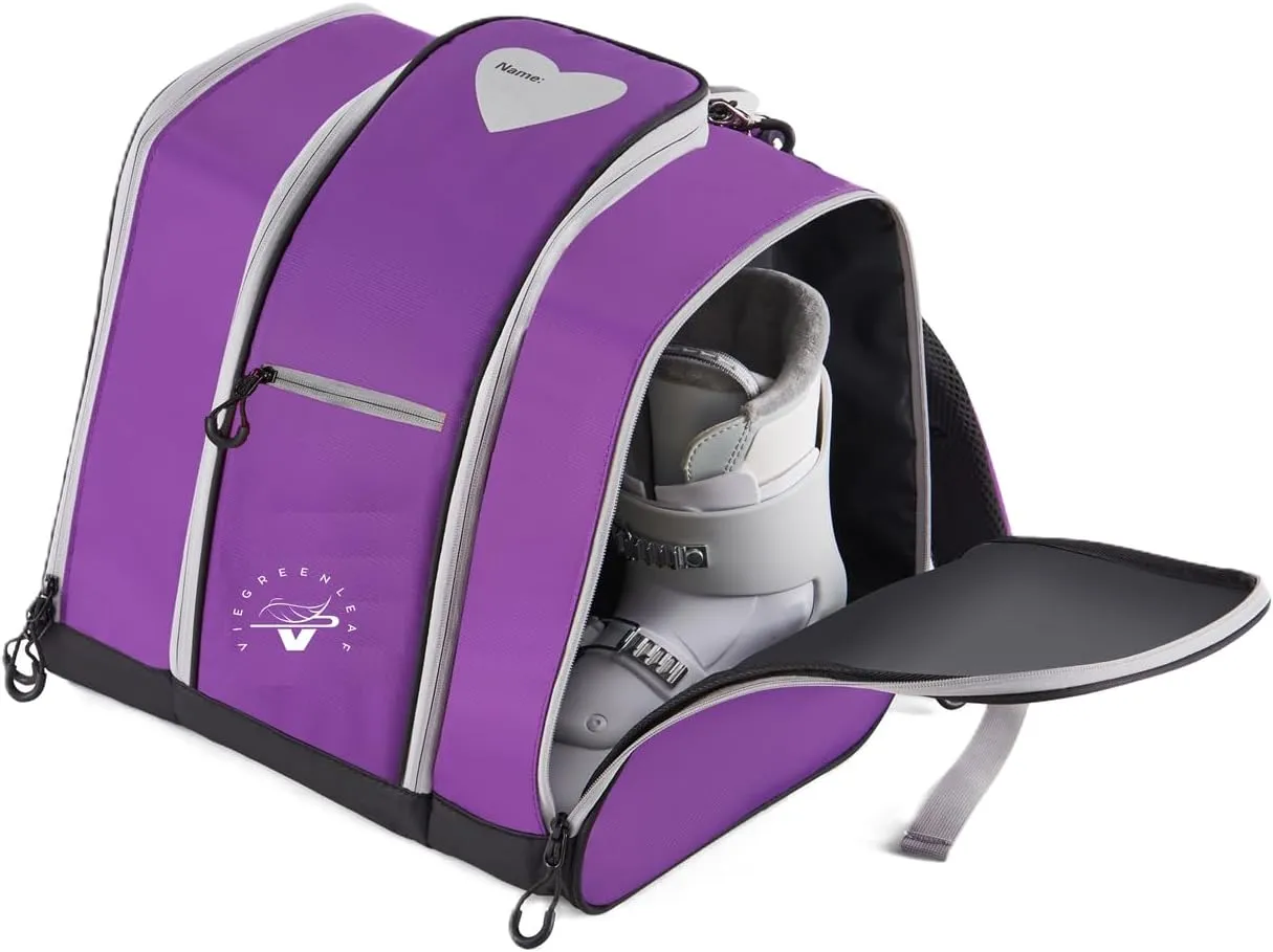 Ski boot backpack for kids toddler rollerblade, skate, ski, snowboard boots, helmet, gloves and snacks perfect for ski, snowboard, skate, outdoor activities or air travel VieGreenleaf (Blue) (Purple)