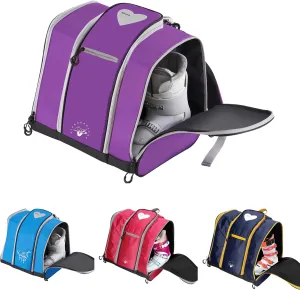 Ski boot backpack for kids toddler rollerblade, skate, ski, snowboard boots, helmet, gloves and snacks perfect for ski, snowboard, skate, outdoor activities or air travel VieGreenleaf (Blue) (Purple)