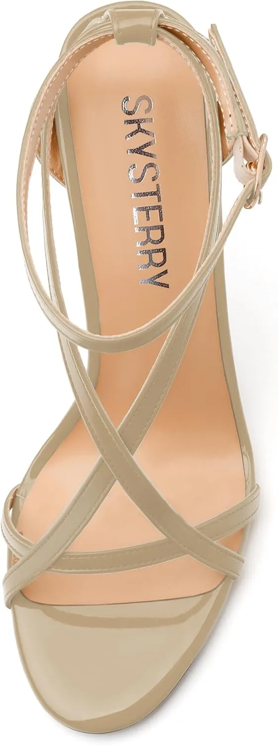 SKYSTERRY Lace Up High Stiletto Heeled Patent Sandals For Women Round Open Toe Strappy Ankle Buckle Heels Womens Dress Wedding Evening Fashion Shoes 4 Inch