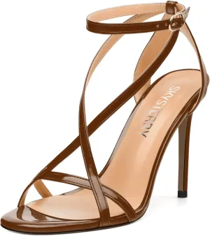 SKYSTERRY Lace Up High Stiletto Heeled Patent Sandals For Women Round Open Toe Strappy Ankle Buckle Heels Womens Dress Wedding Evening Fashion Shoes 4 Inch