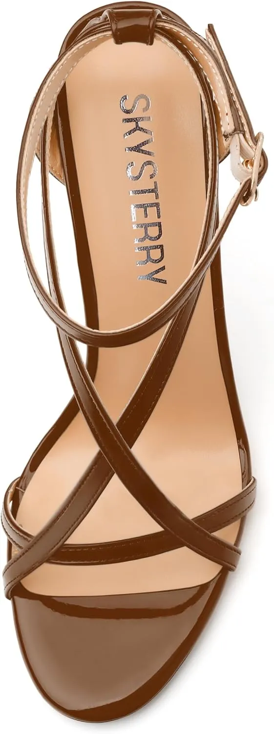 SKYSTERRY Lace Up High Stiletto Heeled Patent Sandals For Women Round Open Toe Strappy Ankle Buckle Heels Womens Dress Wedding Evening Fashion Shoes 4 Inch