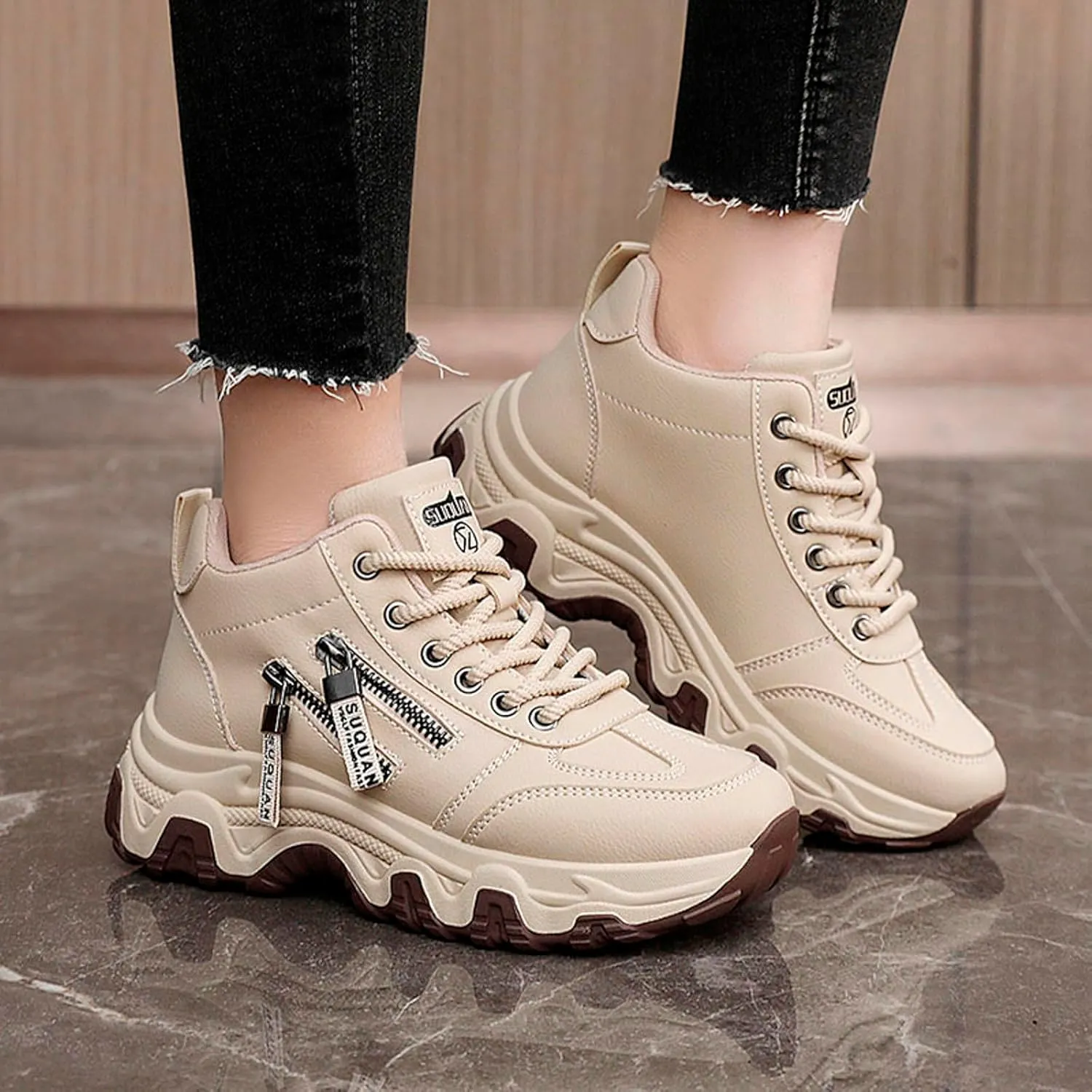 Sneakers Women New Korean Fashion Round Head Lace Up Casual Shoes Thick Bottom Running Shoes Womens 12 Running Shoes