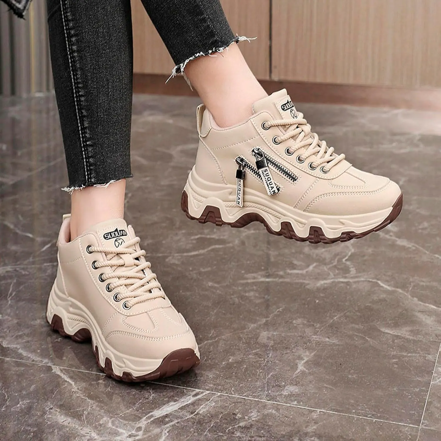 Sneakers Women New Korean Fashion Round Head Lace Up Casual Shoes Thick Bottom Running Shoes Womens 12 Running Shoes
