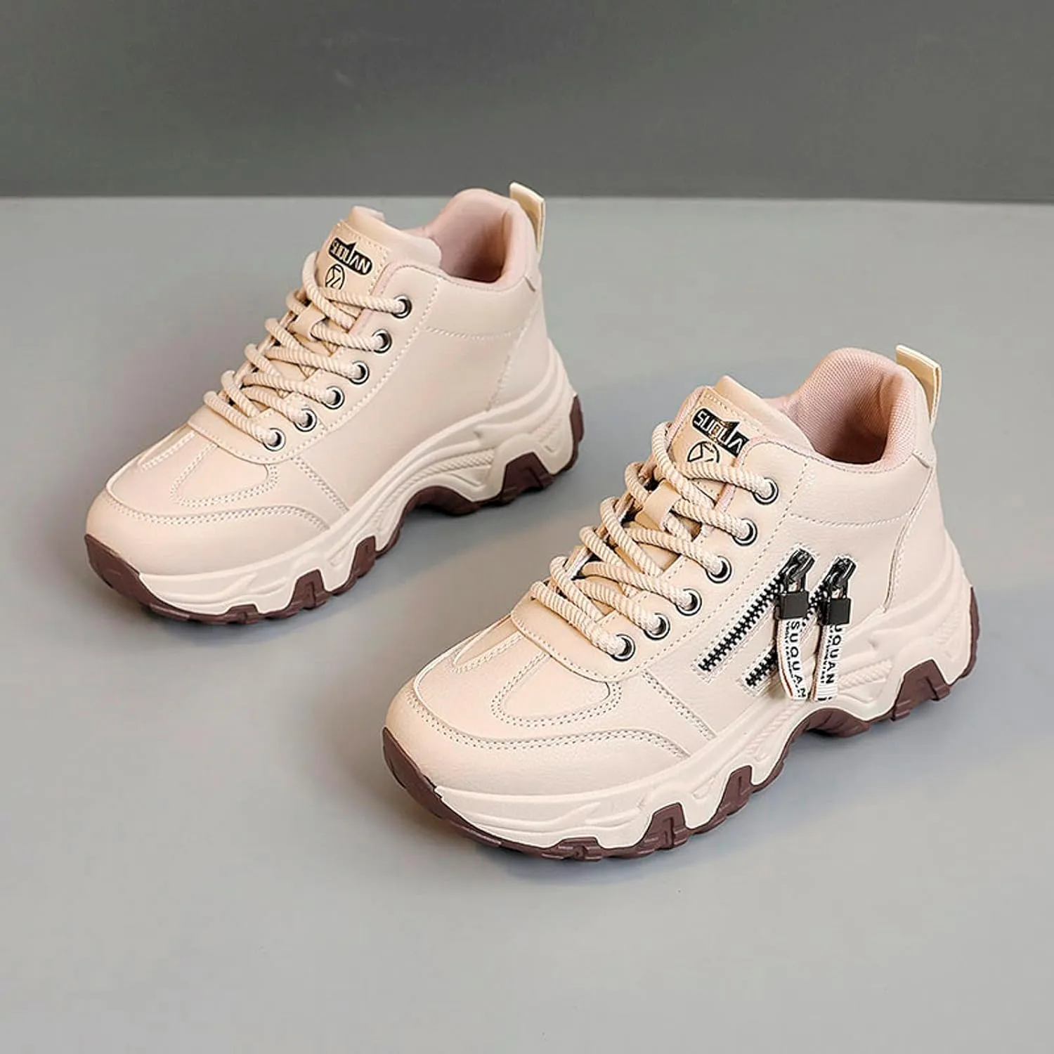 Sneakers Women New Korean Fashion Round Head Lace Up Casual Shoes Thick Bottom Running Shoes Womens 12 Running Shoes