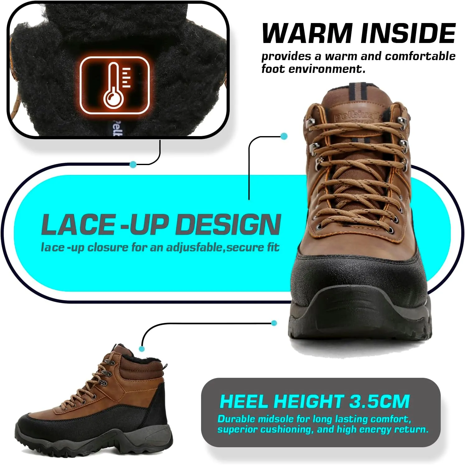 Snow Boots for Men, Slip on Waterproof Hiking Boots with Fur Lined, Mens Winter Boots Shoes Non-Slip Rubber Sole Outdoor Comfortable Walking Shoes