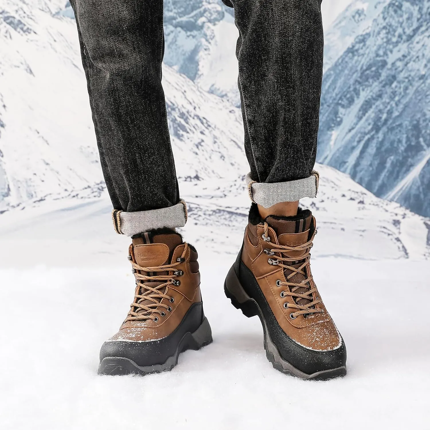 Snow Boots for Men, Slip on Waterproof Hiking Boots with Fur Lined, Mens Winter Boots Shoes Non-Slip Rubber Sole Outdoor Comfortable Walking Shoes