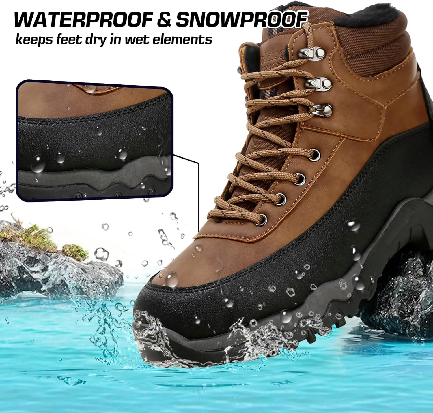 Snow Boots for Men, Slip on Waterproof Hiking Boots with Fur Lined, Mens Winter Boots Shoes Non-Slip Rubber Sole Outdoor Comfortable Walking Shoes