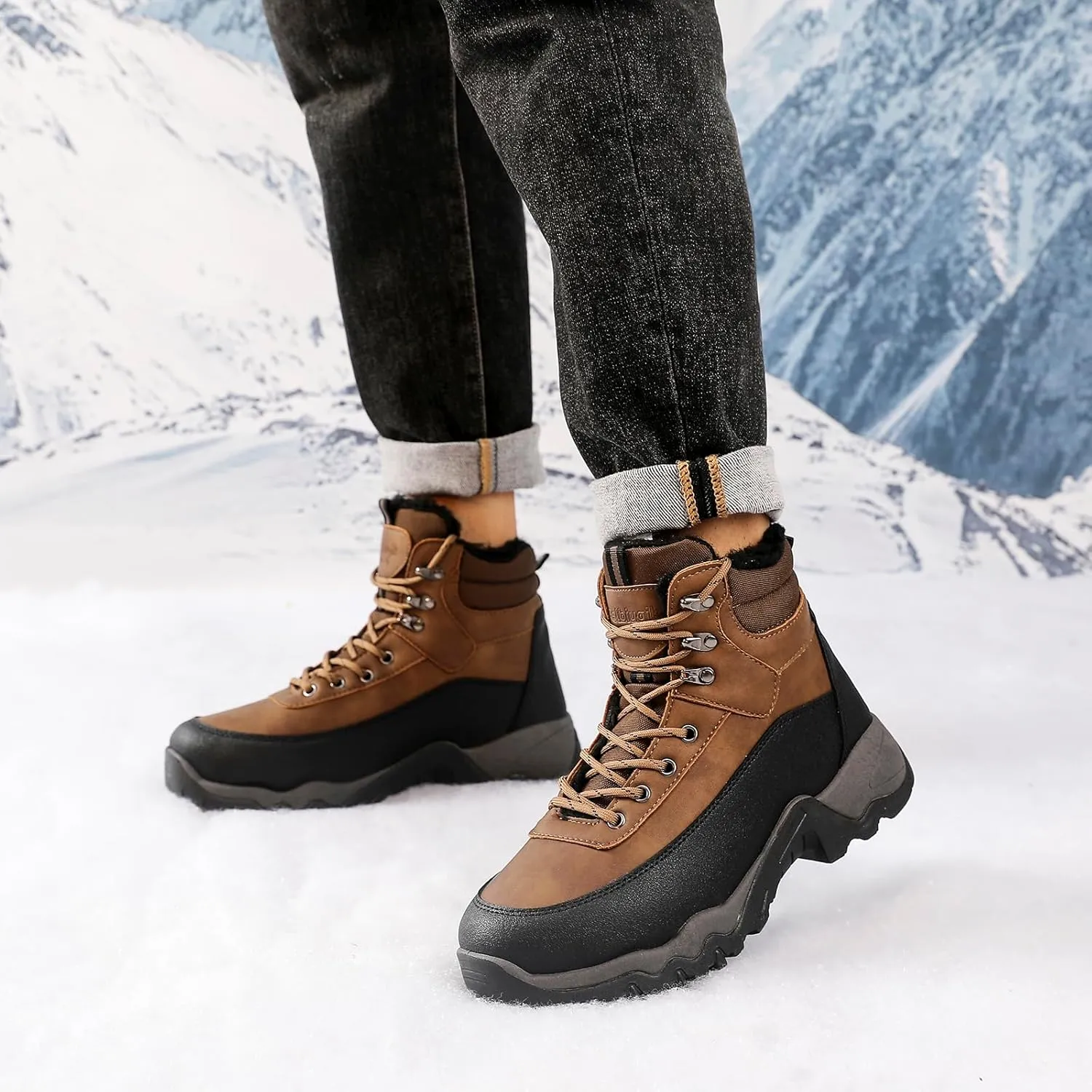 Snow Boots for Men, Slip on Waterproof Hiking Boots with Fur Lined, Mens Winter Boots Shoes Non-Slip Rubber Sole Outdoor Comfortable Walking Shoes