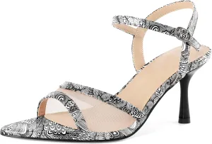 Soireelady Womens Heeled Sandals Mesh Heels Ankle Strap Slingback High Heels Prom Dress Sandals 3 Inches