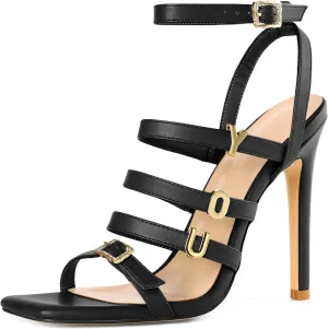 Soireelady Womens High Heel Sandals, Ankle Strap Open Toe Heels, Square Toe Stiletto Strappy Heeled Sandals 4 Inch Prom Party